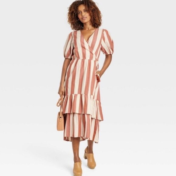 Knox Rose SZXXL Dusty Red Stripe Midi Wrap Dress Cottage Rockabilly Western Boho - Picture 1 of 14